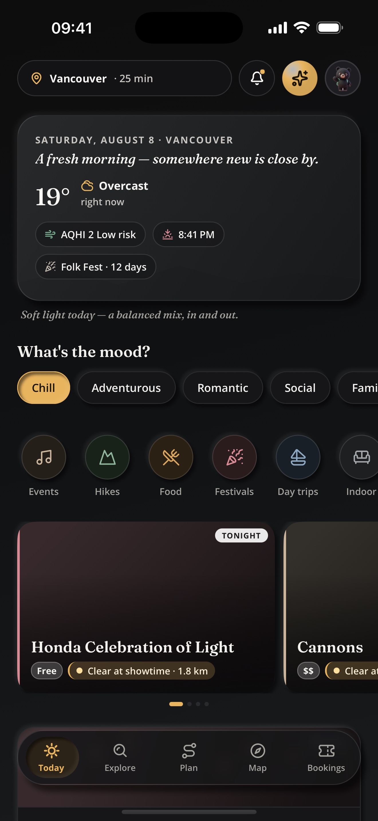 Companiio Today screen showing Vancouver weather, air quality, sunset time and tonight's events