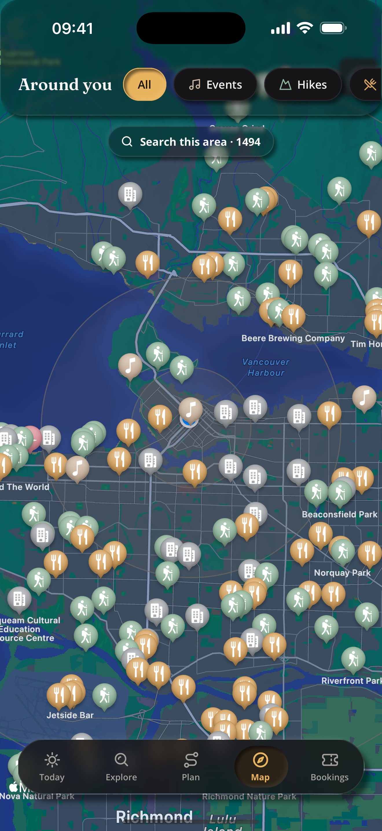 Companiio map screen with clustered pins across Vancouver